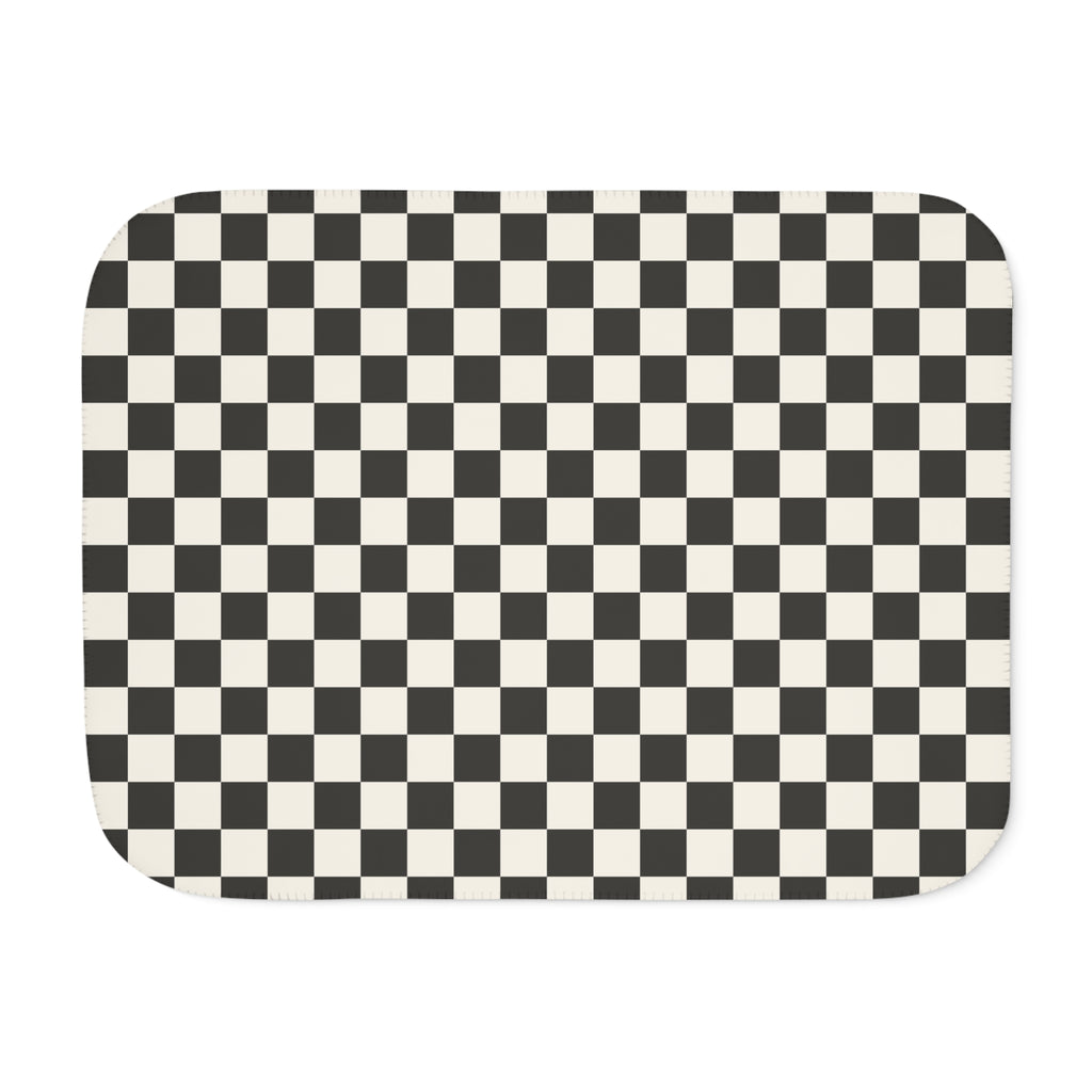 Black and White Checkered Sherpa Blanket laid flat, front view