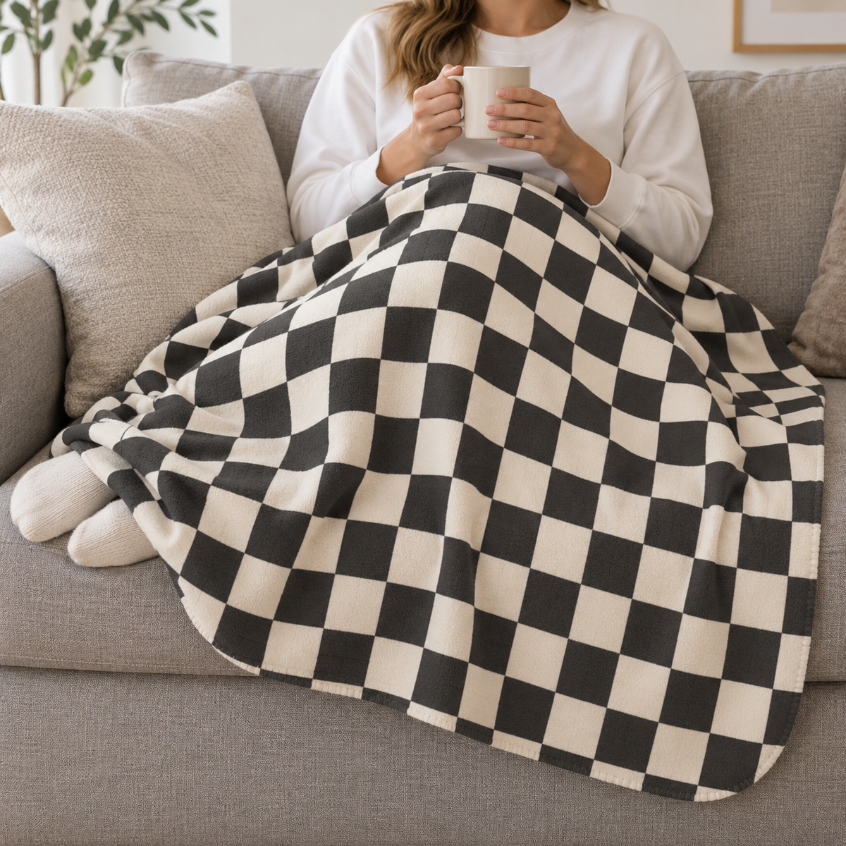 Person relaxing on a couch under the Black and White Checkered Sherpa Blanket