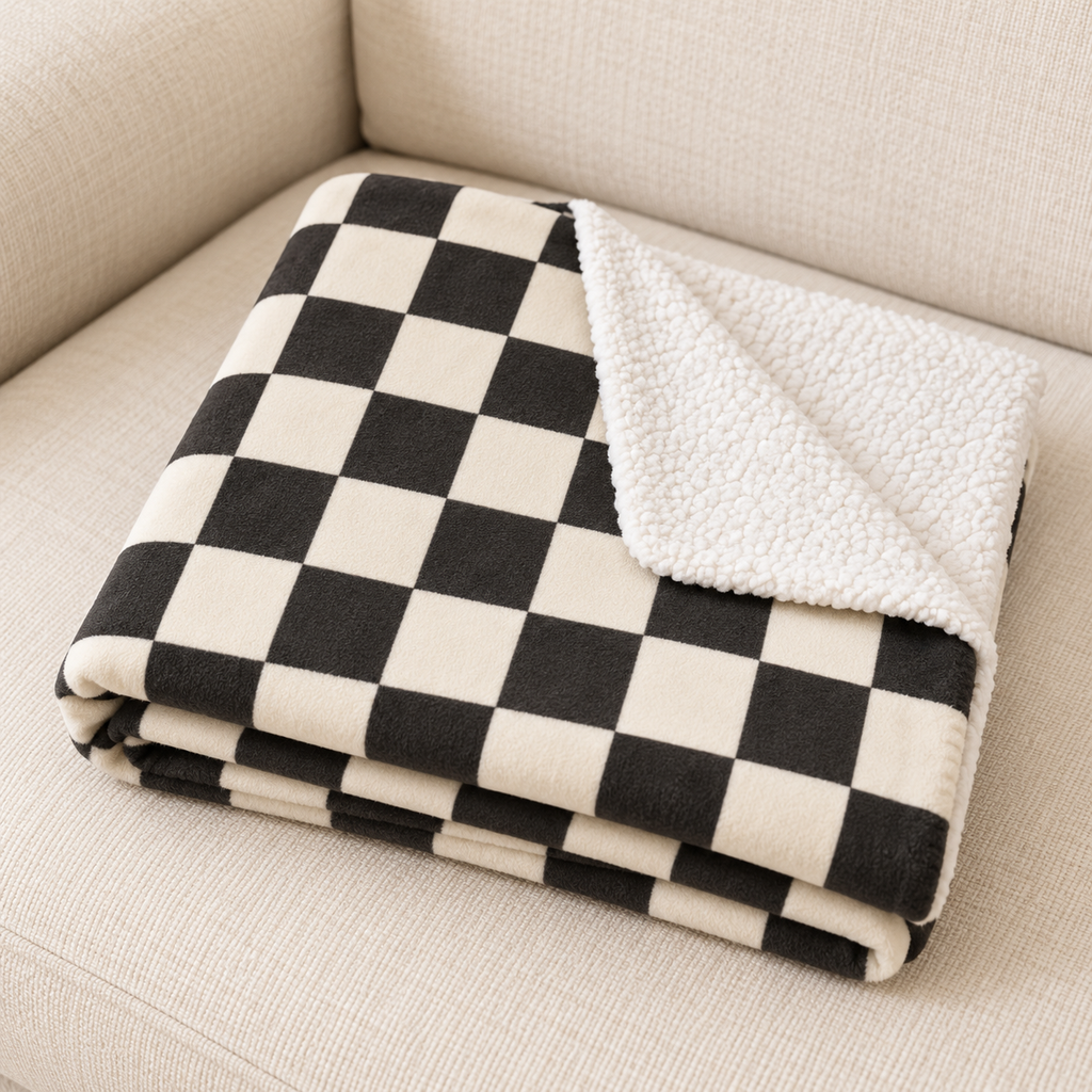 Close-up of the folded Black and White Checkered Sherpa Blanket showing the sherpa back
