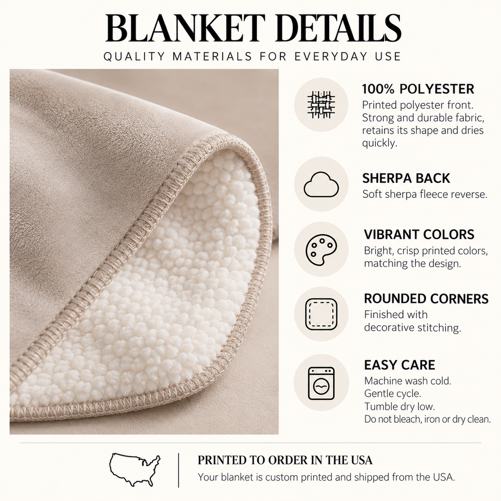 Product details for the Black and White Checkered Sherpa Blanket: polyester front, sherpa back, machine washable