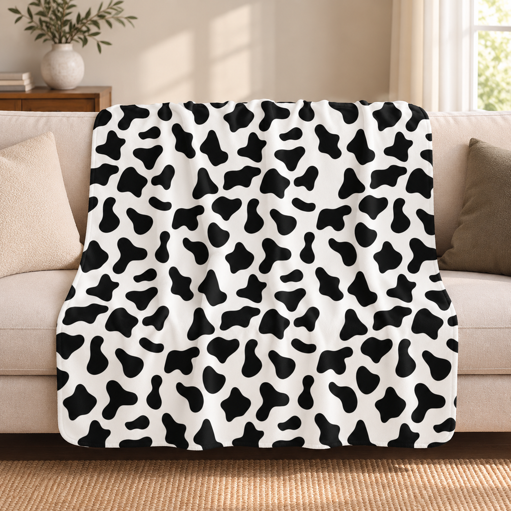 Black and white cow print sherpa blanket draped over a couch in a living room