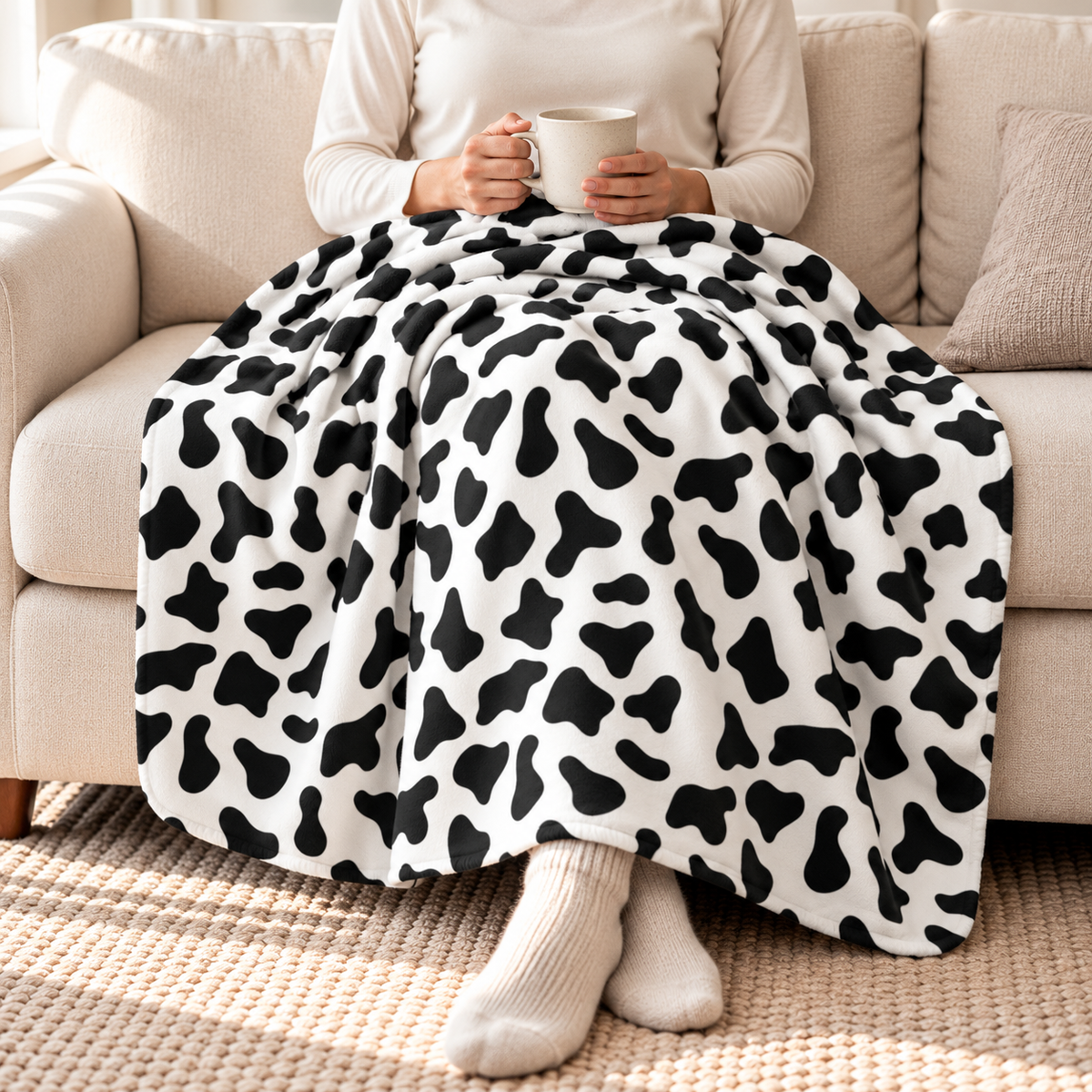 Person relaxing under a black and white cow print sherpa blanket