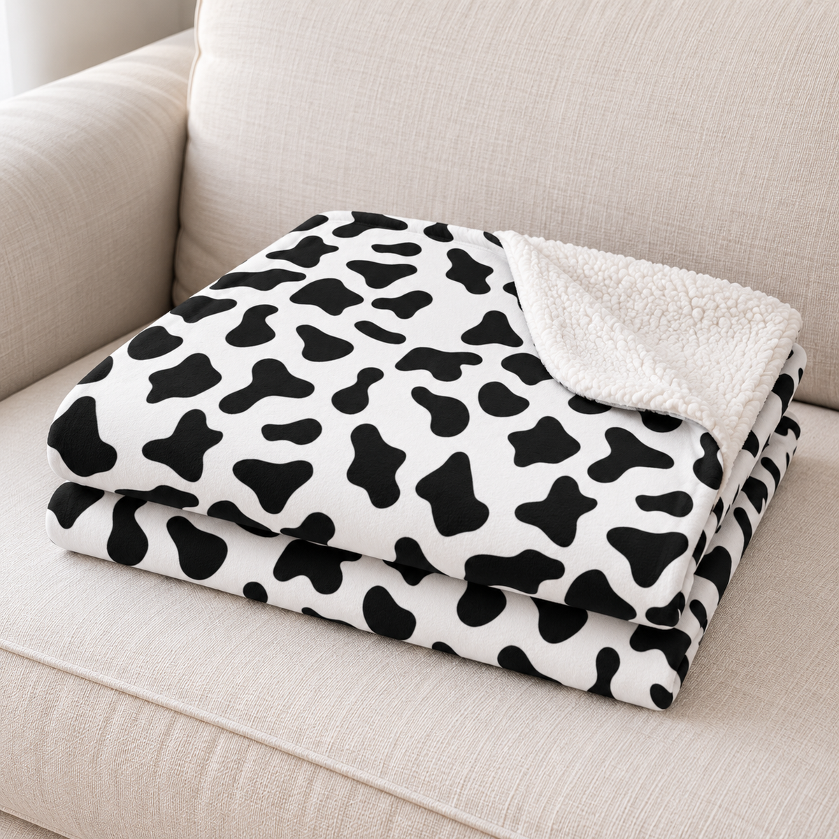 Close-up of the black and white cow print sherpa blanket folded on a couch, showing the cow print and the white sherpa edge