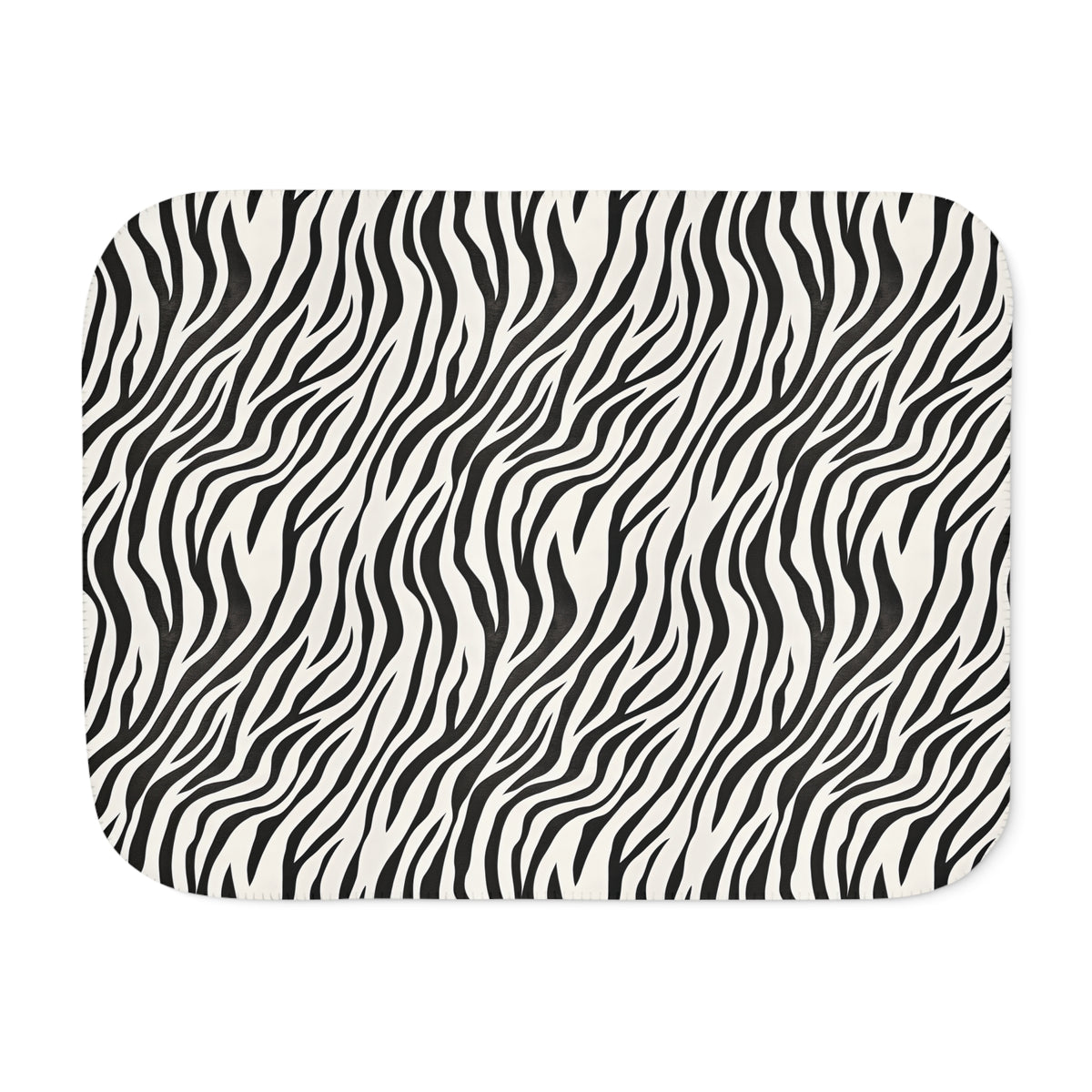 Black and white zebra print sherpa blanket laid flat, front view