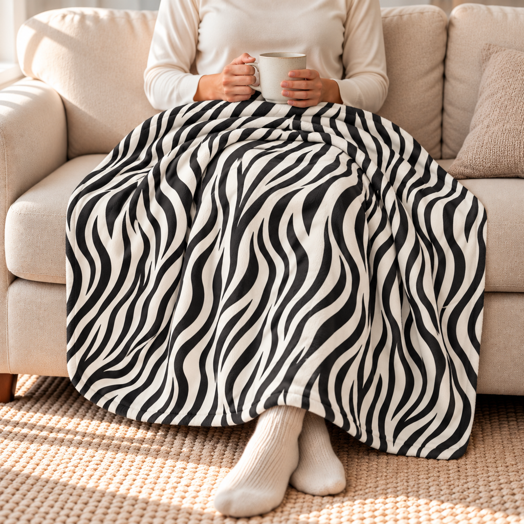 Person relaxing on a couch under the black and white zebra print sherpa blanket