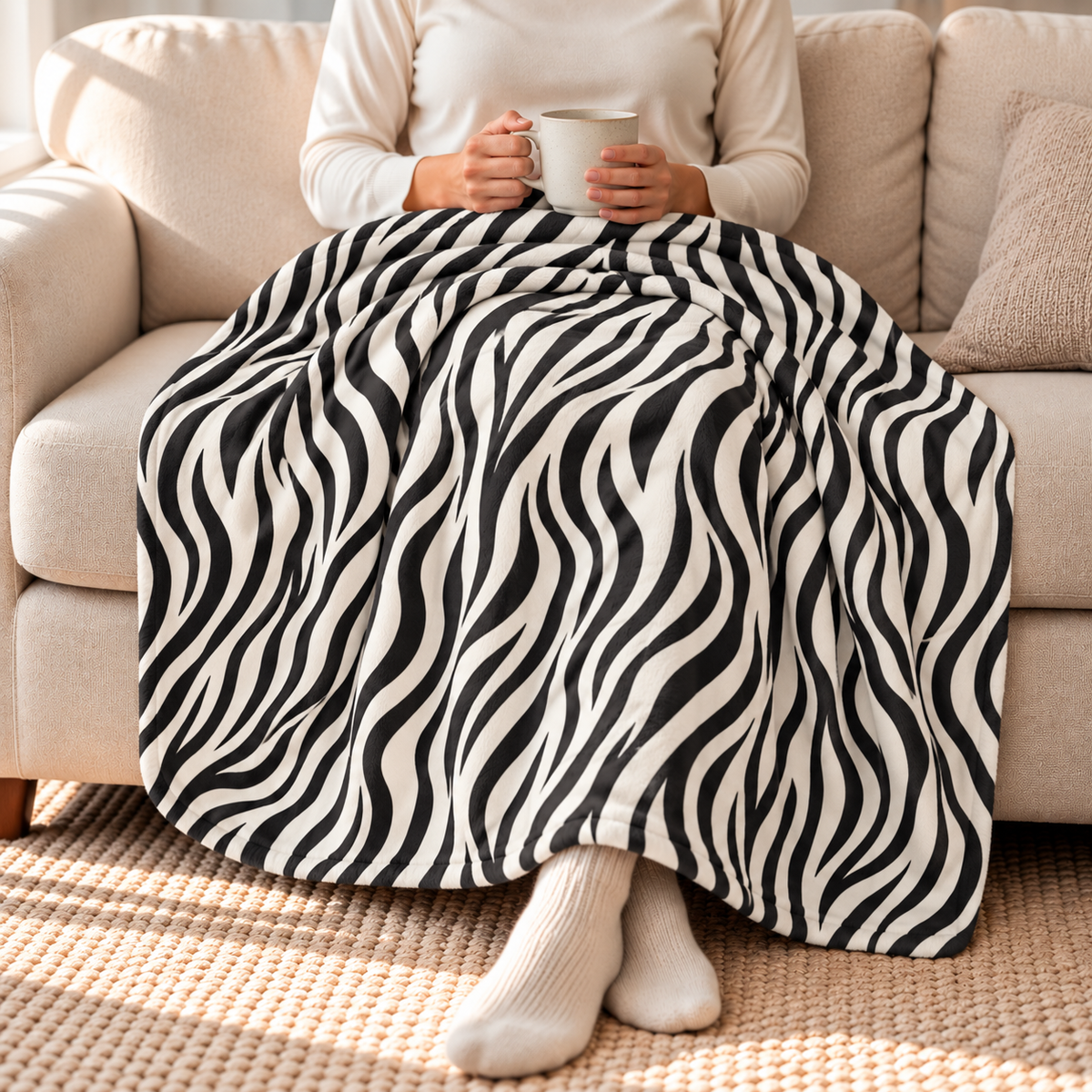 Person relaxing on a couch under the black and white zebra print sherpa blanket