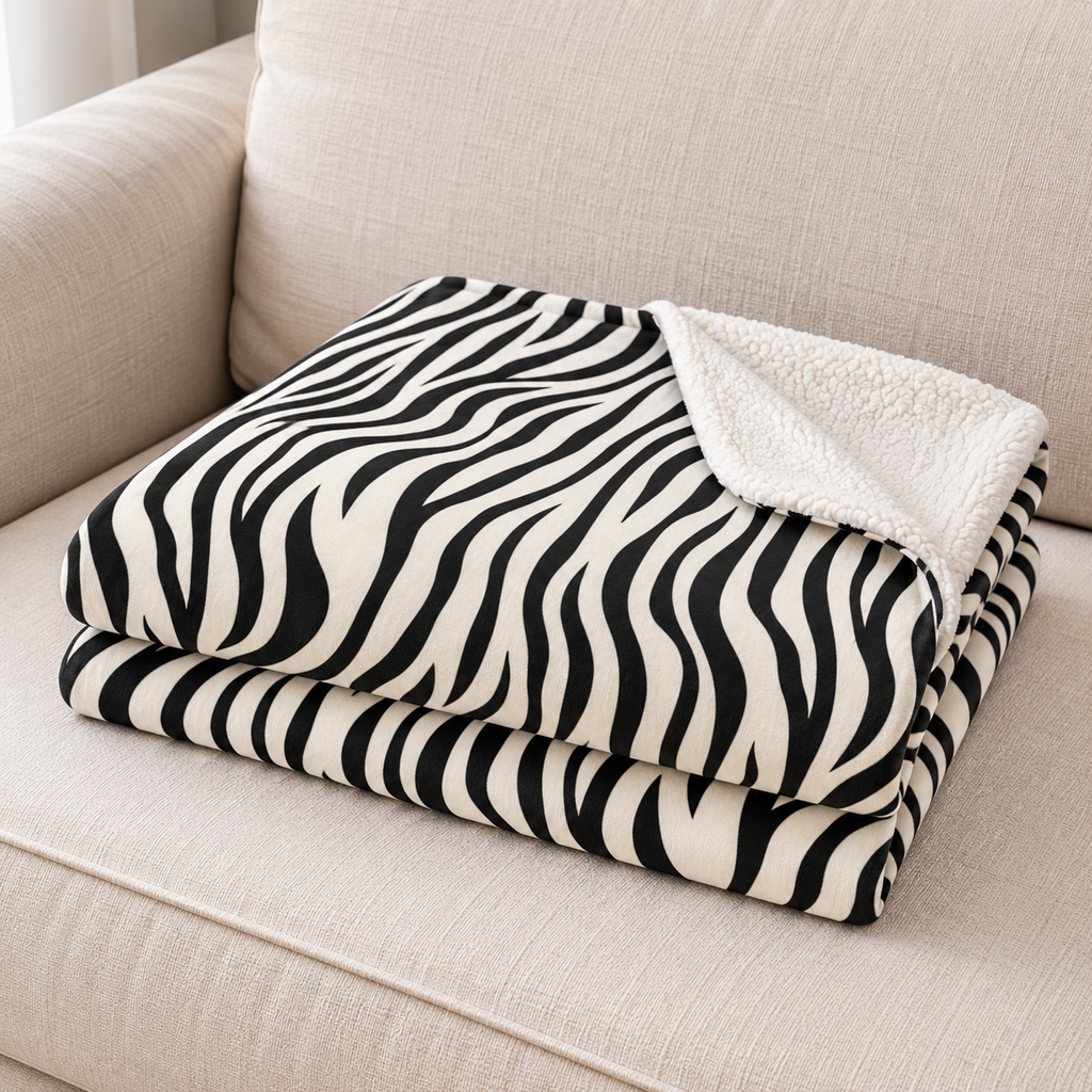 Close-up of the folded black and white zebra print sherpa blanket showing the sherpa back
