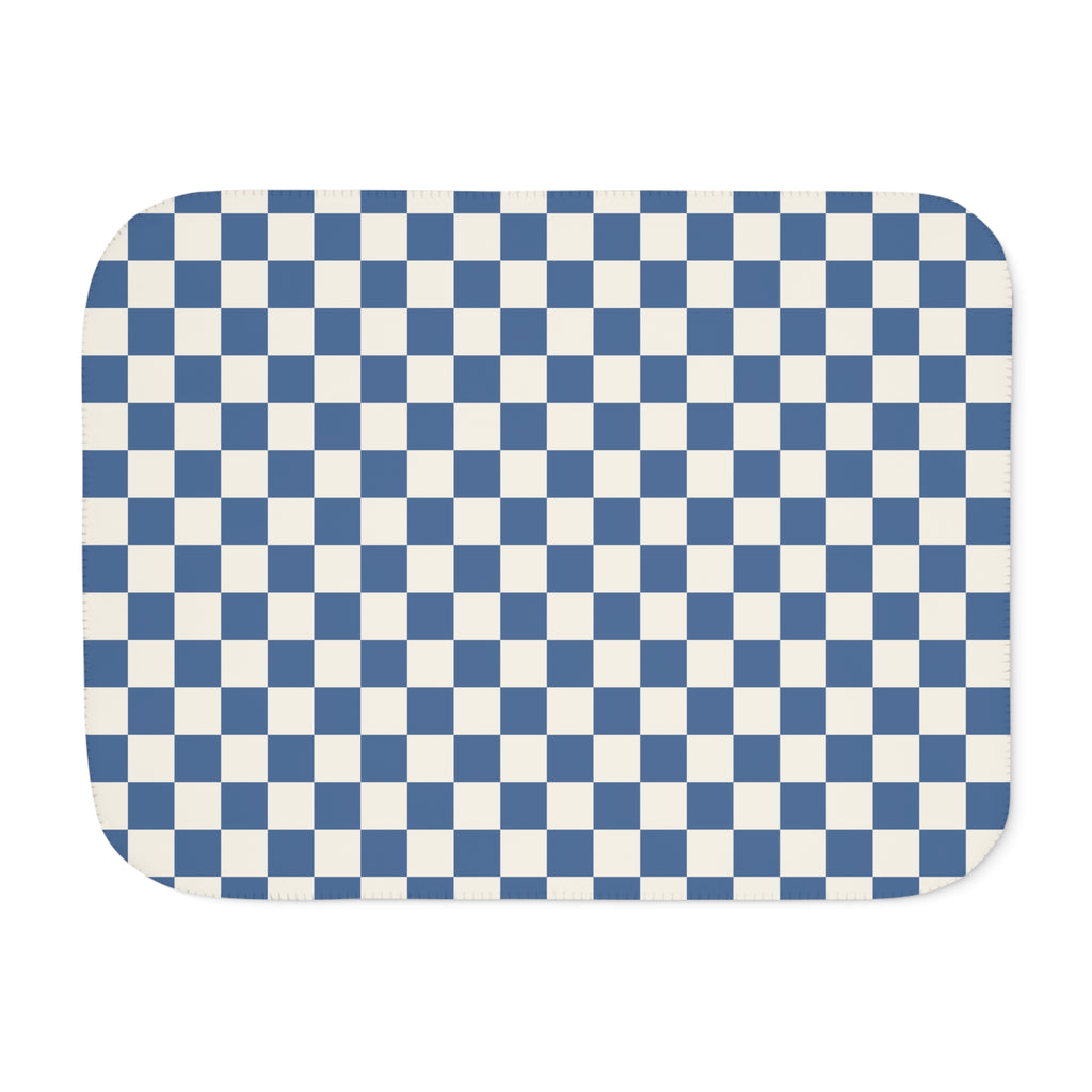 Blue Checkered Sherpa Blanket laid flat, front view