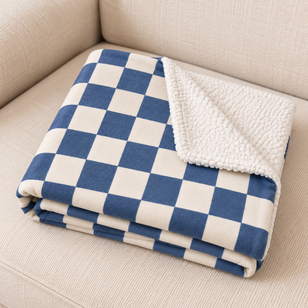 Close-up of the folded Blue Checkered Sherpa Blanket showing the sherpa back