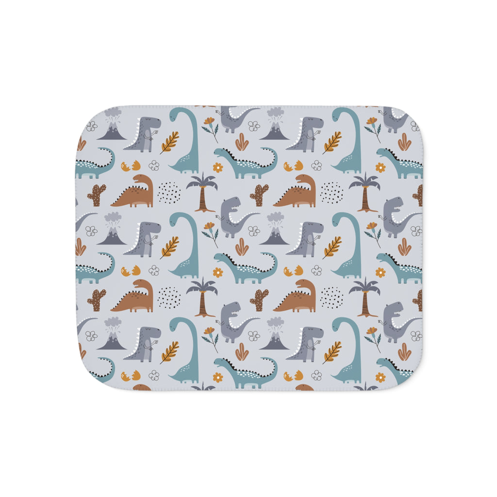 Blue Dinosaur Sherpa Blanket laid flat, front view