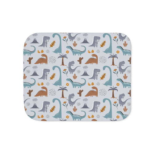 Blue Dinosaur Sherpa Blanket laid flat, front view