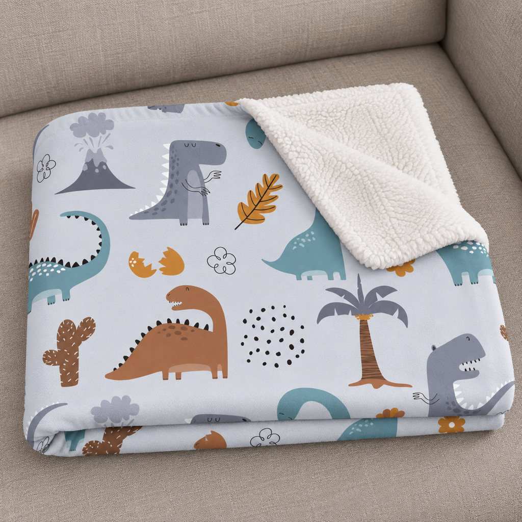 Close-up of the folded Blue Dinosaur Sherpa Blanket showing the sherpa back