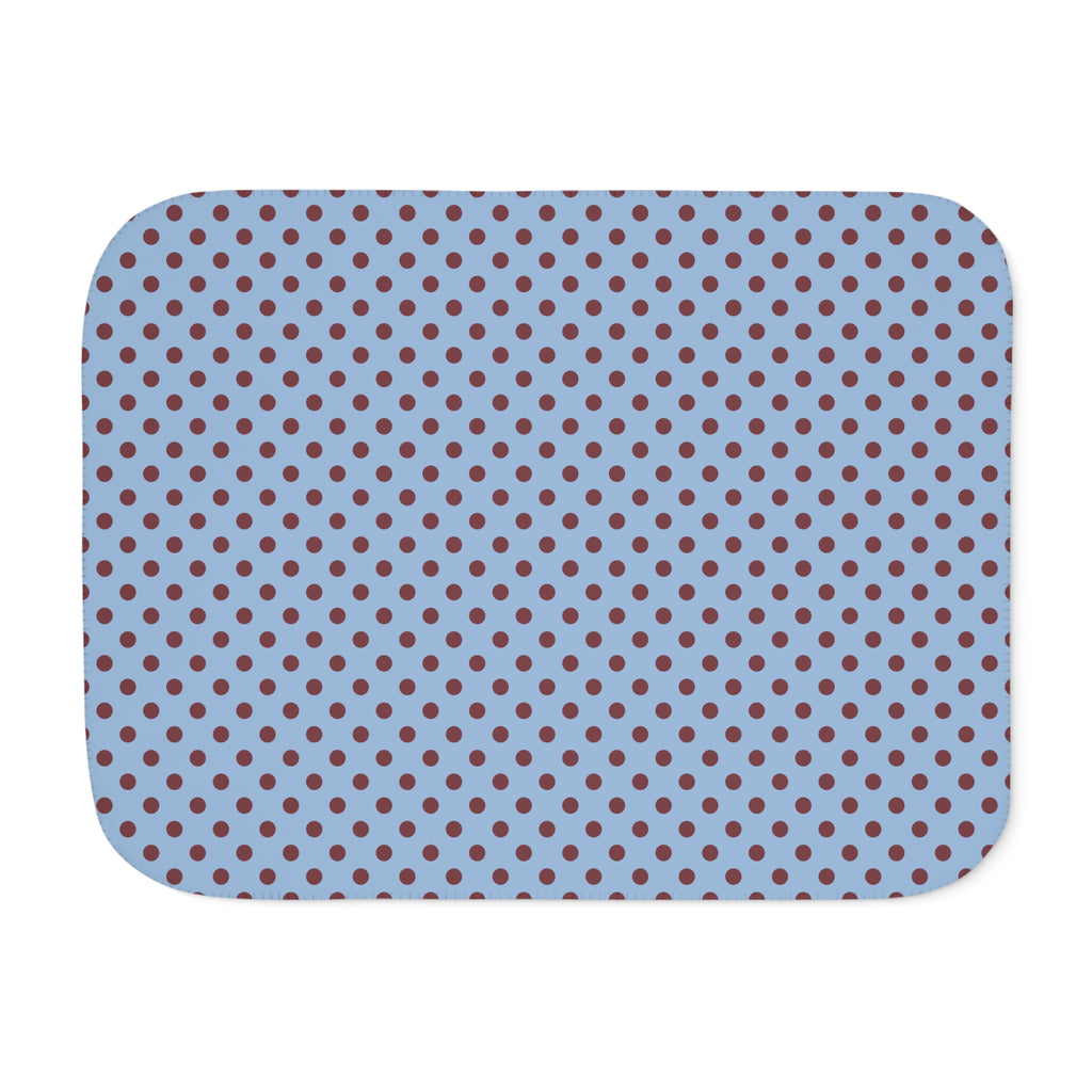 Blue Polka Dot Sherpa Blanket laid flat, front view