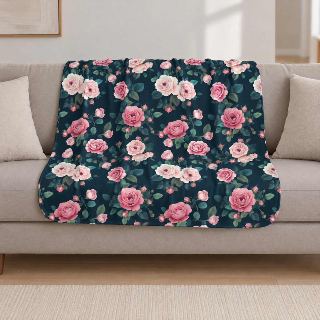 Blue Rose Sherpa Blanket draped over a cream sofa in a living room