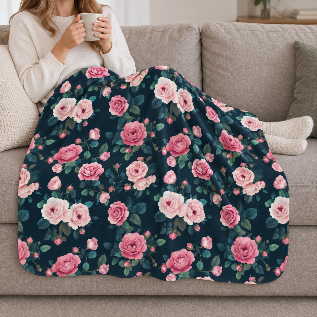 Person relaxing on a couch under the Blue Rose Sherpa Blanket
