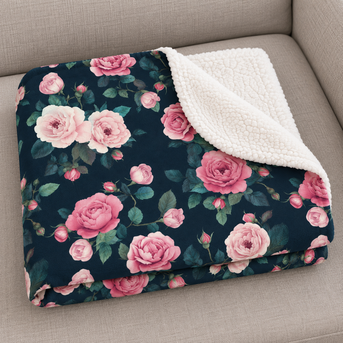 Close-up of the folded Blue Rose Sherpa Blanket showing the sherpa back