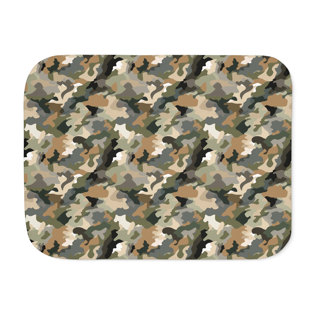Brown camo sherpa blanket laid flat, showing the brown, olive and tan camouflage print with a white sherpa edge