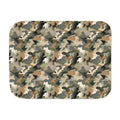 Brown camo sherpa blanket laid flat, showing the brown, olive and tan camouflage print with a white sherpa edge