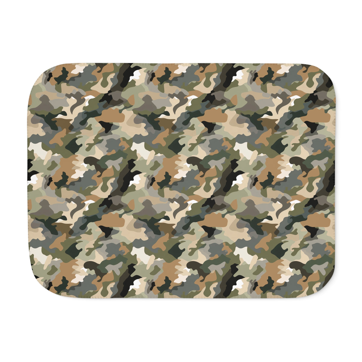 Brown camo sherpa blanket laid flat, showing the brown, olive and tan camouflage print with a white sherpa edge