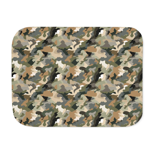 Brown camo sherpa blanket laid flat, showing the brown, olive and tan camouflage print with a white sherpa edge