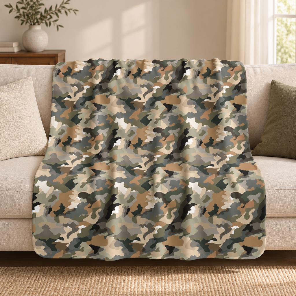 Brown camo sherpa blanket draped over a couch in a living room