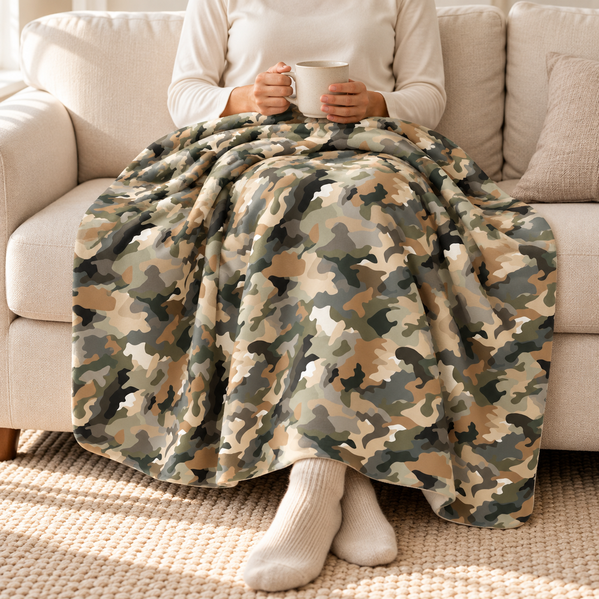 Person relaxing under a brown camo sherpa blanket