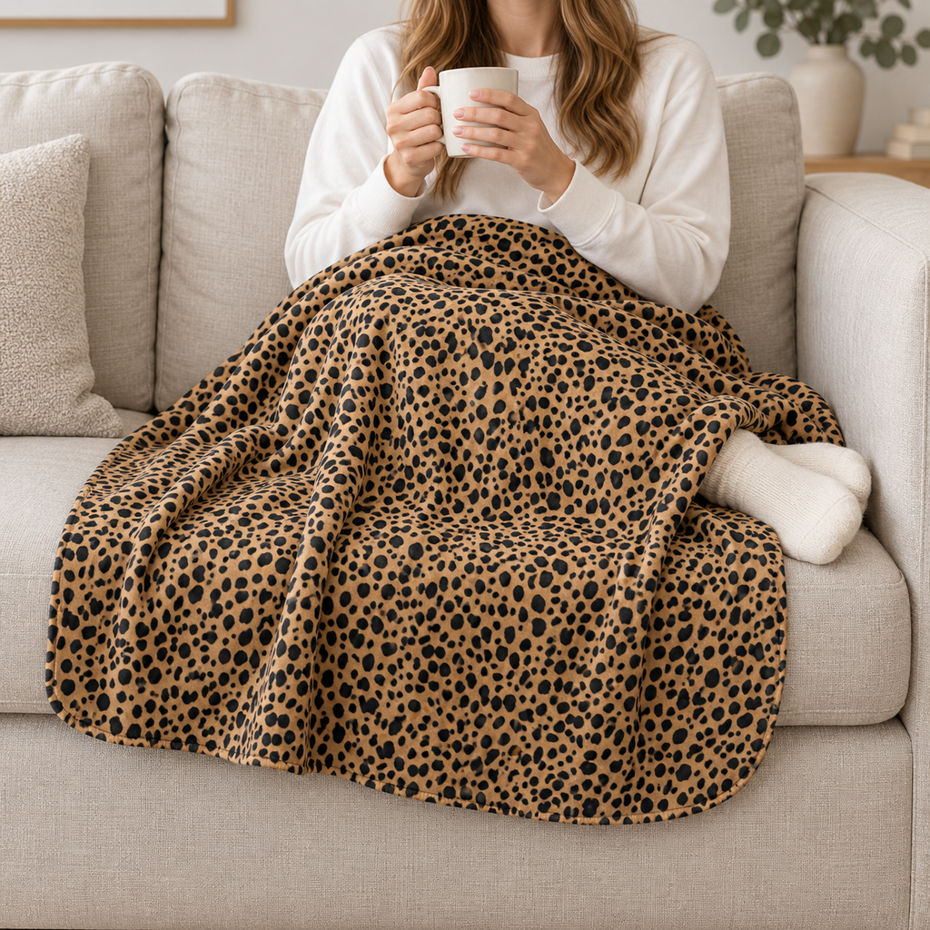 Person relaxing on a couch under the Brown Cheetah Print Sherpa Blanket