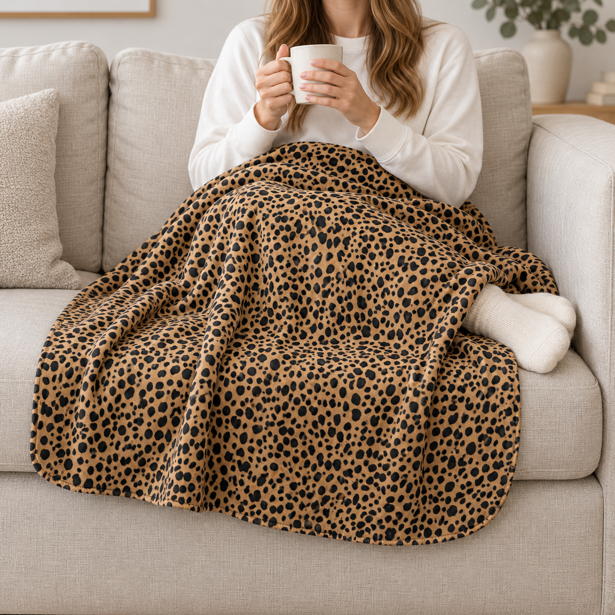 Person relaxing on a couch under the Brown Cheetah Print Sherpa Blanket
