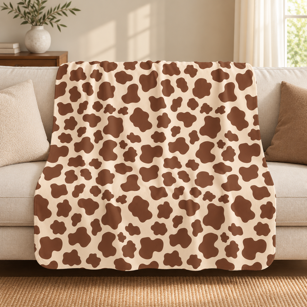 Brown cow print sherpa blanket draped over a couch in a living room