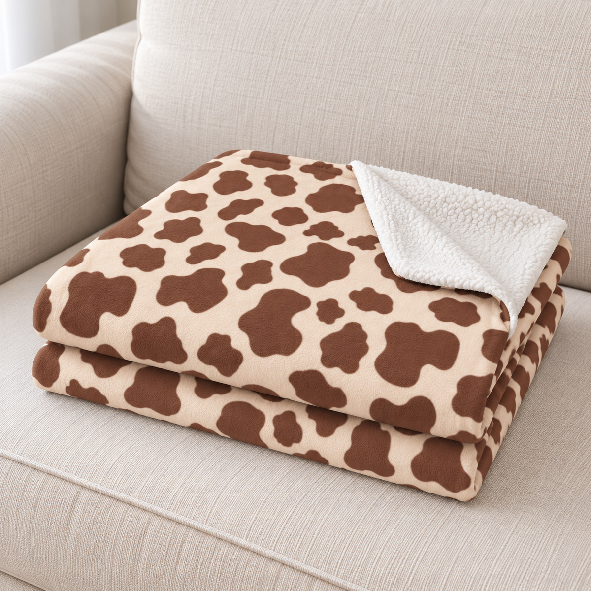 Close-up of the brown cow print sherpa blanket folded on a couch, showing the cow print and the white sherpa edge