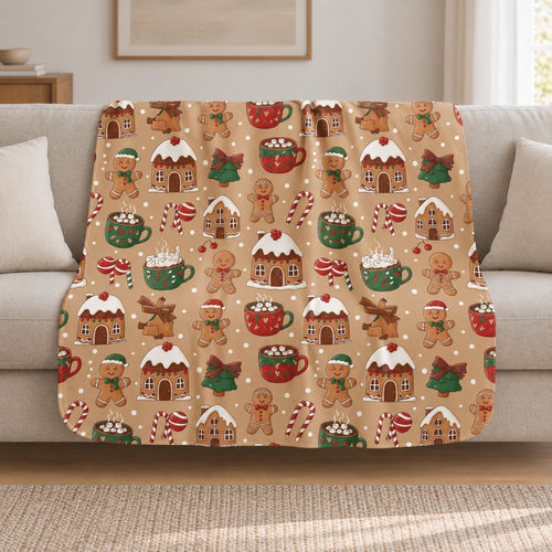 Brown Gingerbread Sherpa Blanket draped over a cream sofa in a living room
