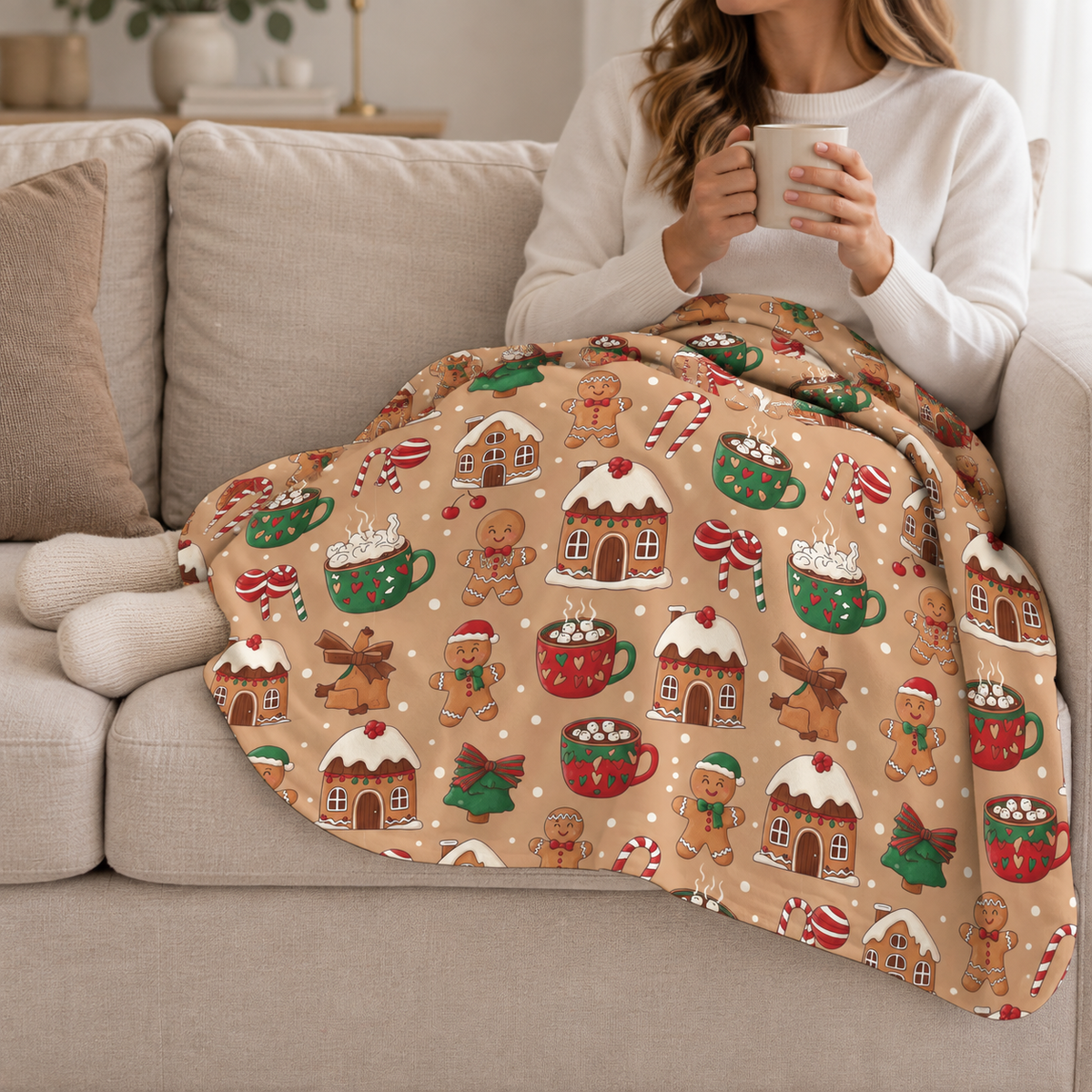 Person relaxing on a couch under the Brown Gingerbread Sherpa Blanket