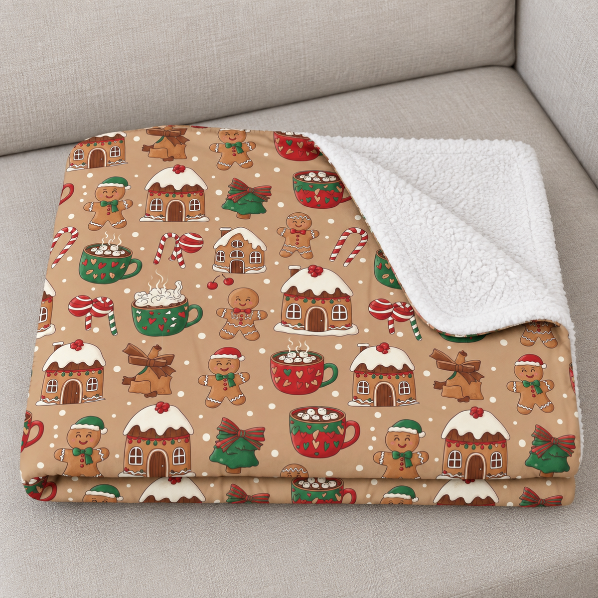 Close-up of the folded Brown Gingerbread Sherpa Blanket showing the sherpa back