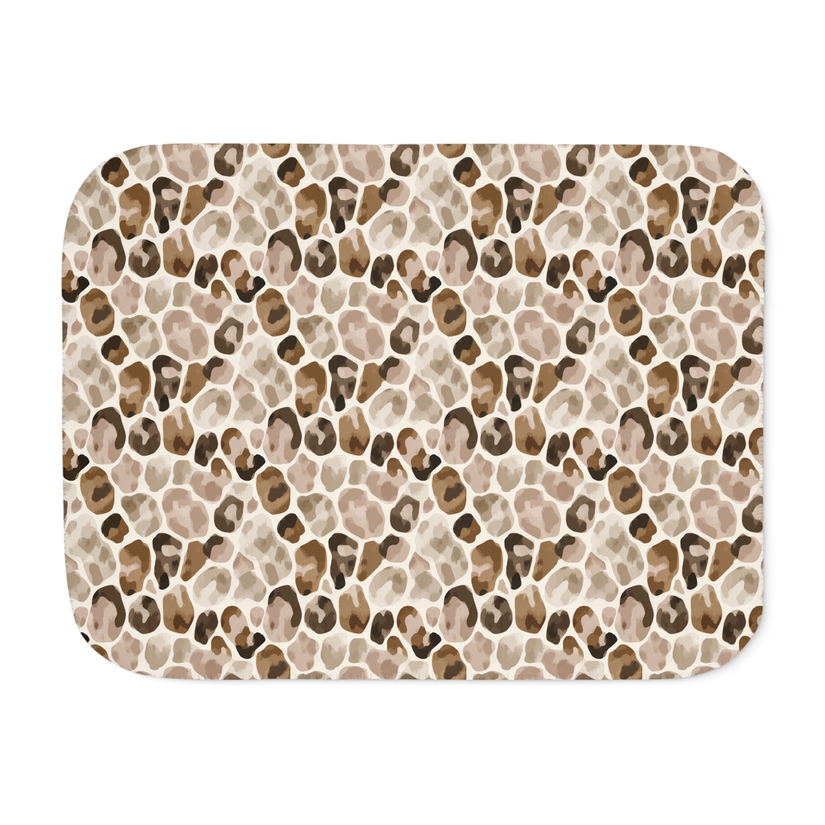 Brown leopard print sherpa blanket laid flat, showing open camel, tan and soft brown rosettes with a white sherpa edge