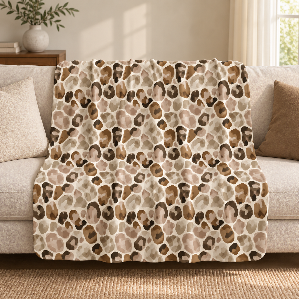 Brown leopard print sherpa blanket draped over a couch in a living room