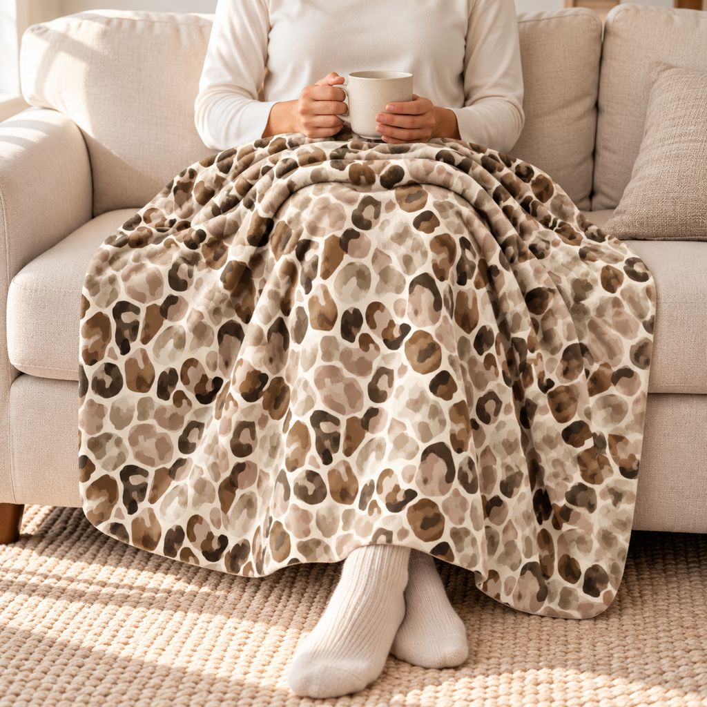 Person relaxing under a brown leopard print sherpa blanket