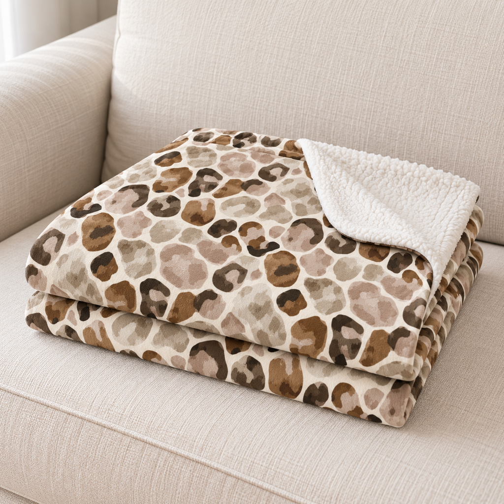 Close-up of the brown leopard print sherpa blanket folded on a couch, showing the rosette print and the white sherpa edge