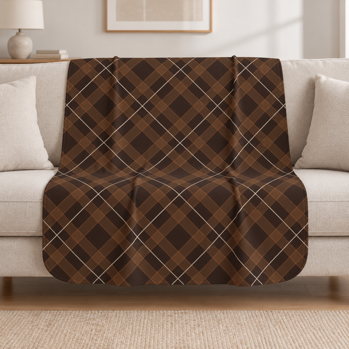 Brown Plaid Sherpa Blanket draped over a cream sofa in a living room