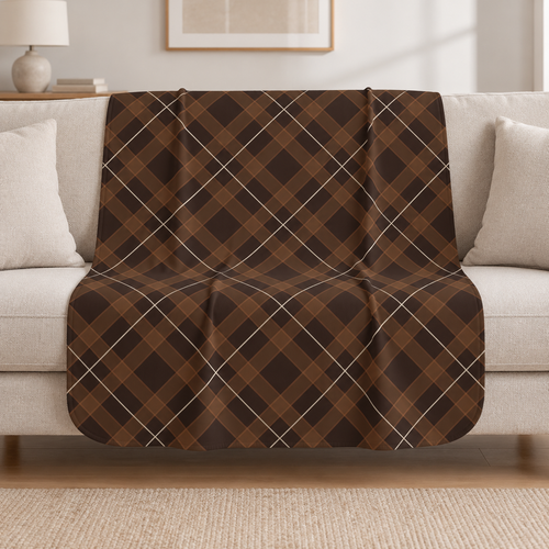 Brown Plaid Sherpa Blanket draped over a cream sofa in a living room