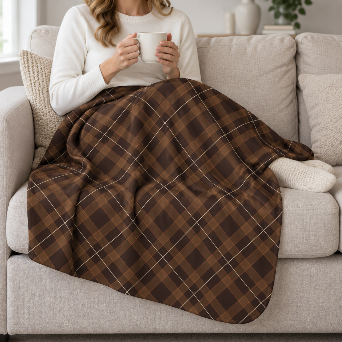Person relaxing on a couch under the Brown Plaid Sherpa Blanket