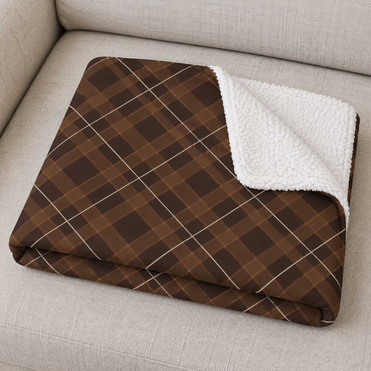 Close-up of the folded Brown Plaid Sherpa Blanket showing the sherpa back