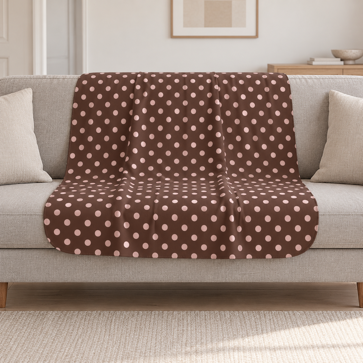 Brown Polka Dot Sherpa Blanket draped over a cream sofa in a living room