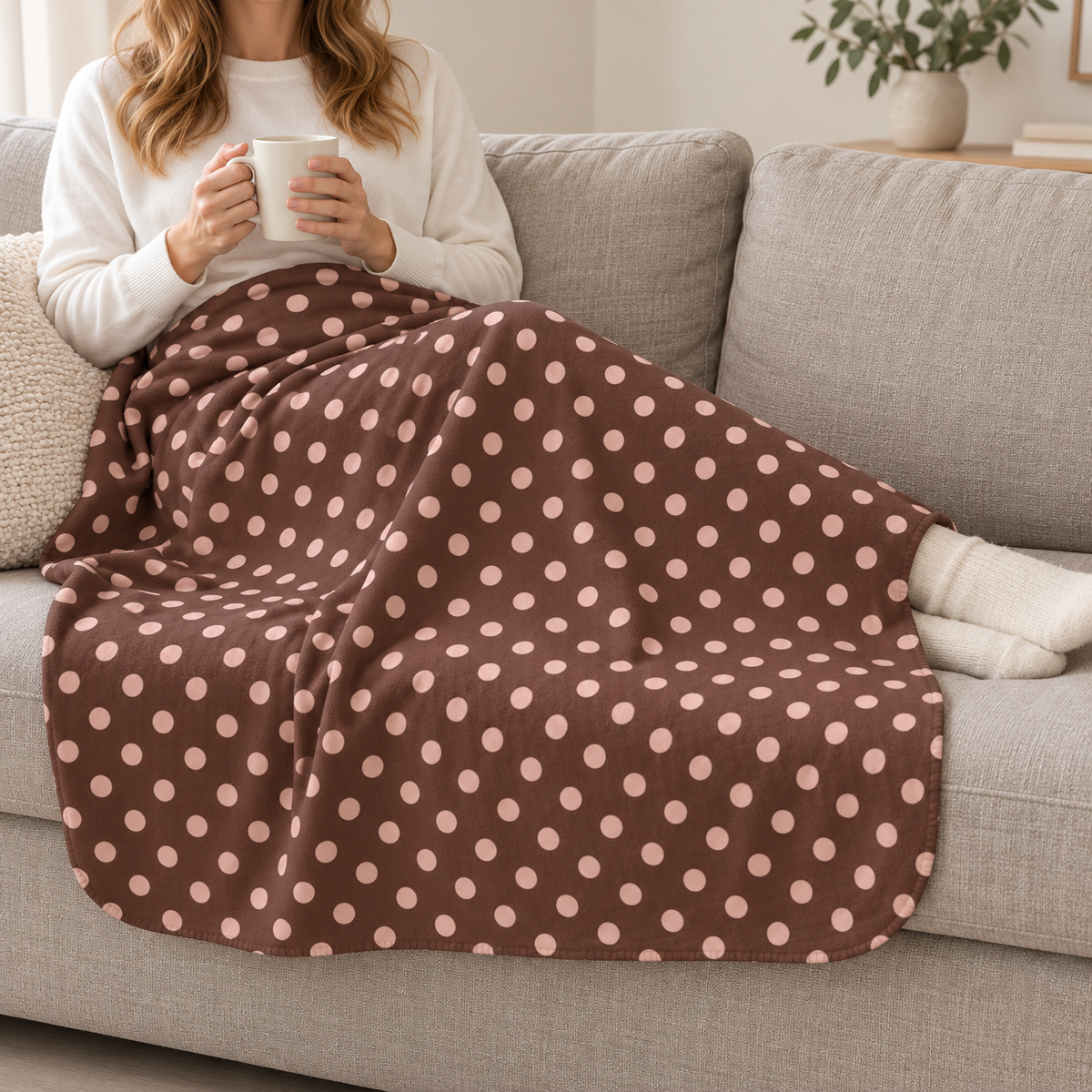 Person relaxing on a couch under the Brown Polka Dot Sherpa Blanket