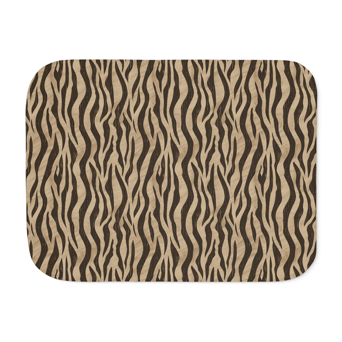 Brown tiger stripe sherpa blanket laid flat, showing deep brown stripes on a sand ground with a white sherpa edge