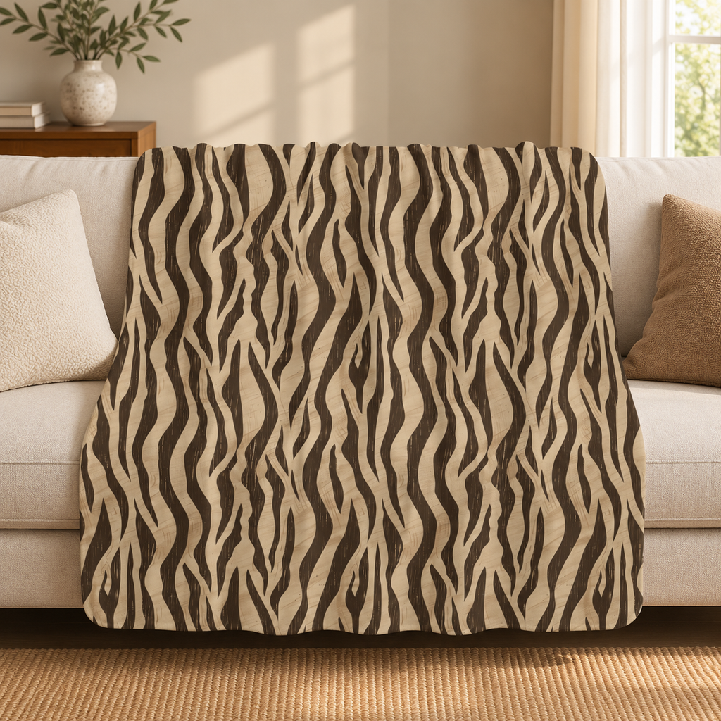 Brown tiger stripe sherpa blanket draped over a couch in a living room