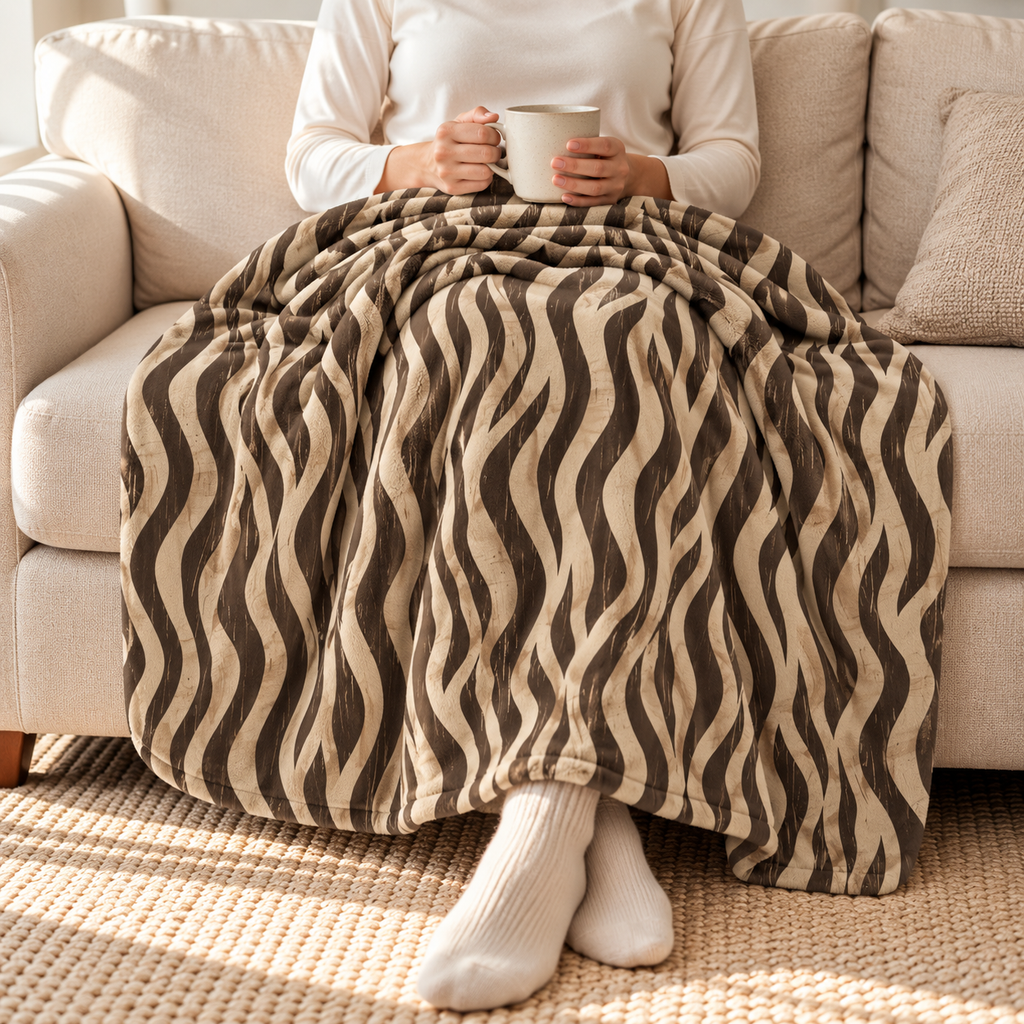 Person relaxing under a brown tiger stripe sherpa blanket