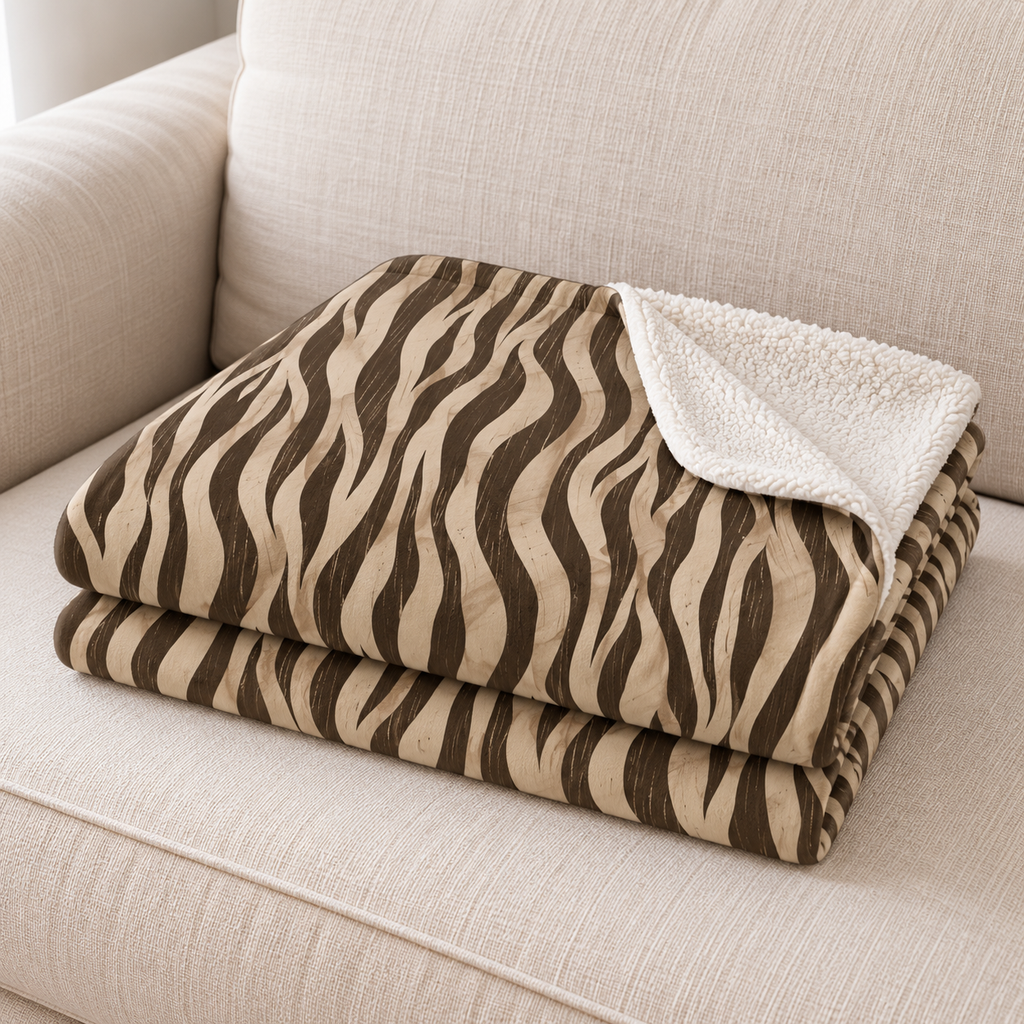Close-up of the brown tiger stripe sherpa blanket folded on an armchair, showing the stripes and the white sherpa edge