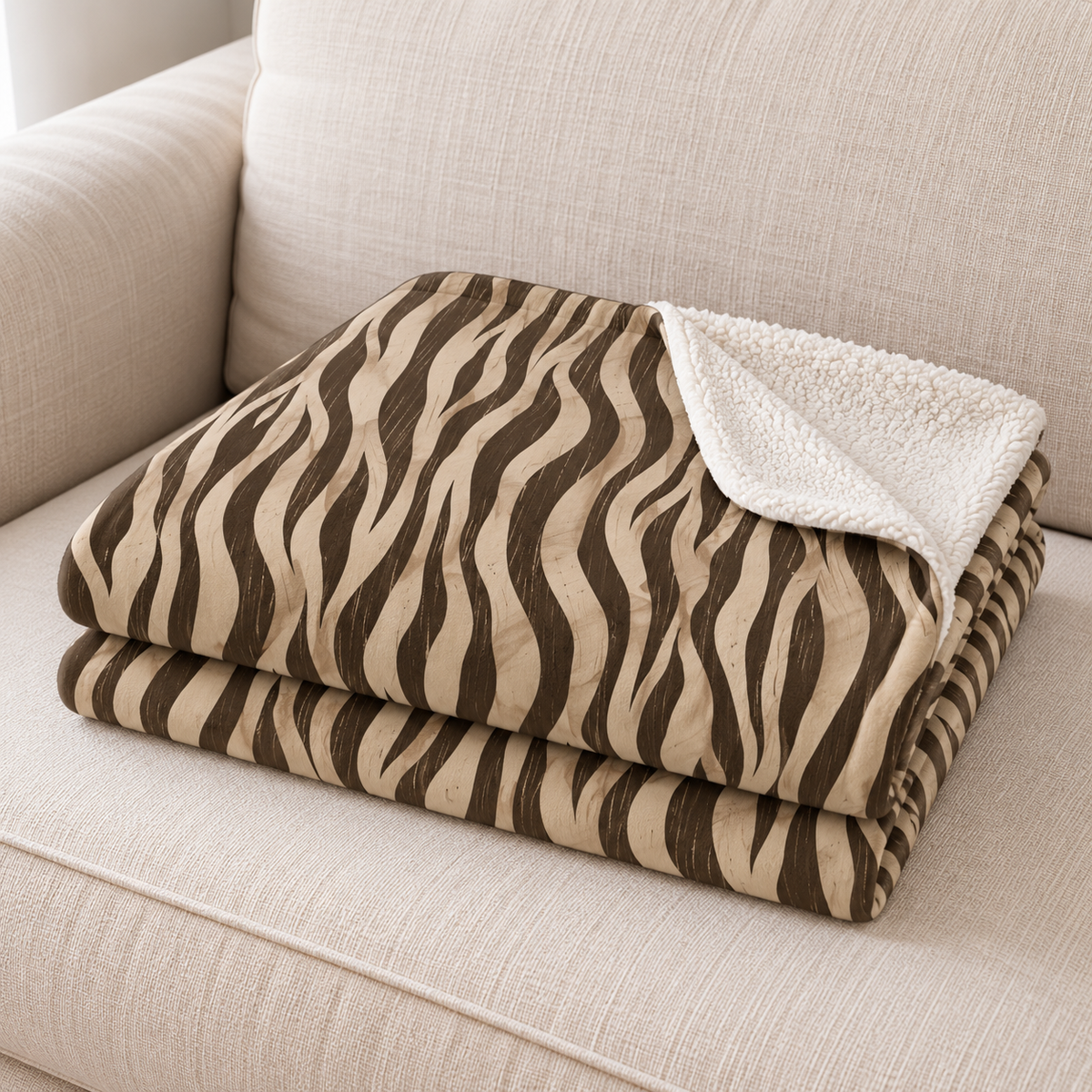 Close-up of the brown tiger stripe sherpa blanket folded on an armchair, showing the stripes and the white sherpa edge
