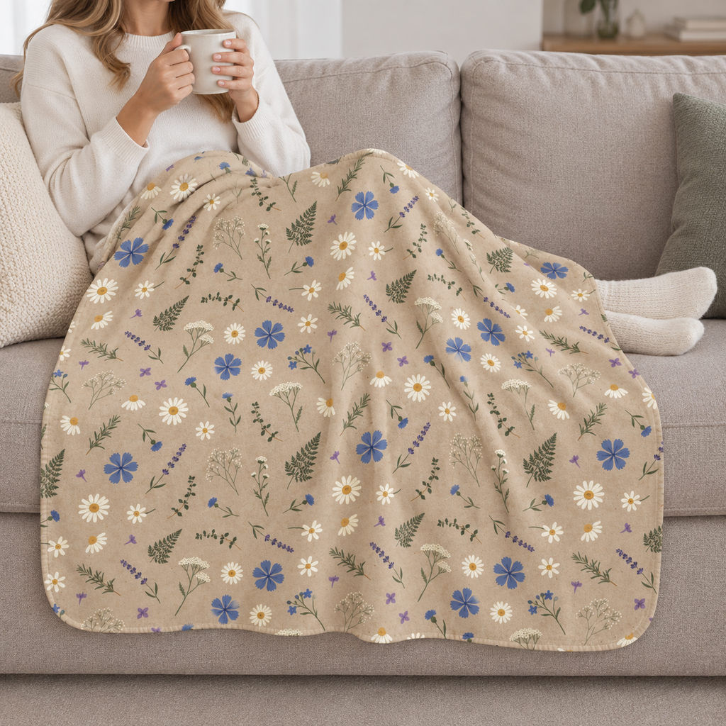 Person relaxing on a couch under the Brown Wildflower Sherpa Blanket