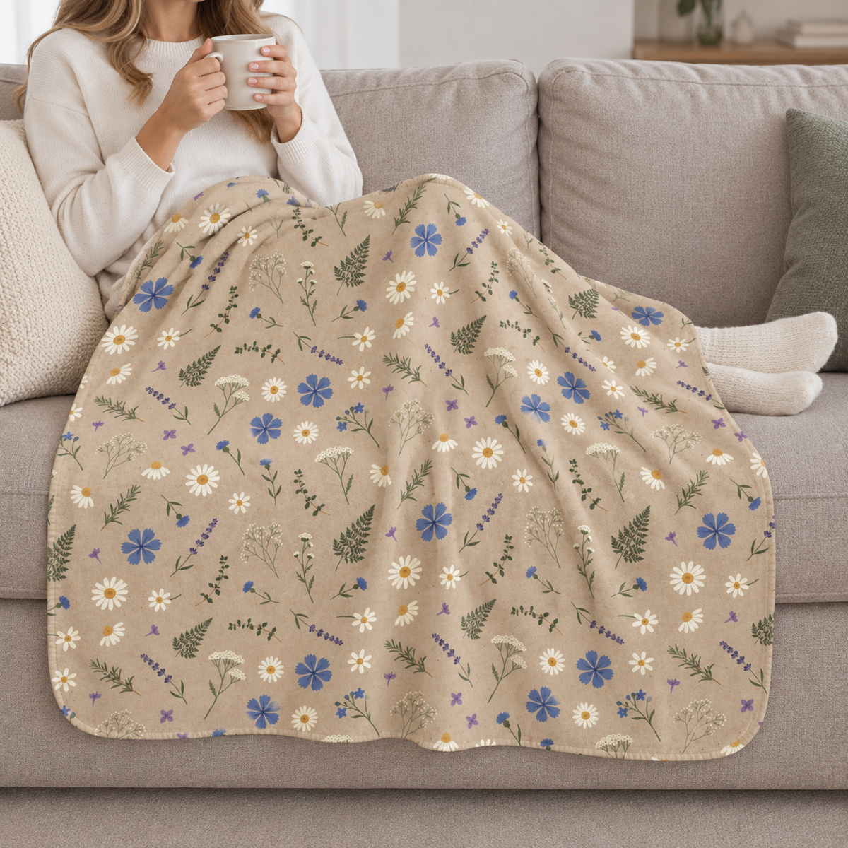 Person relaxing on a couch under the Brown Wildflower Sherpa Blanket